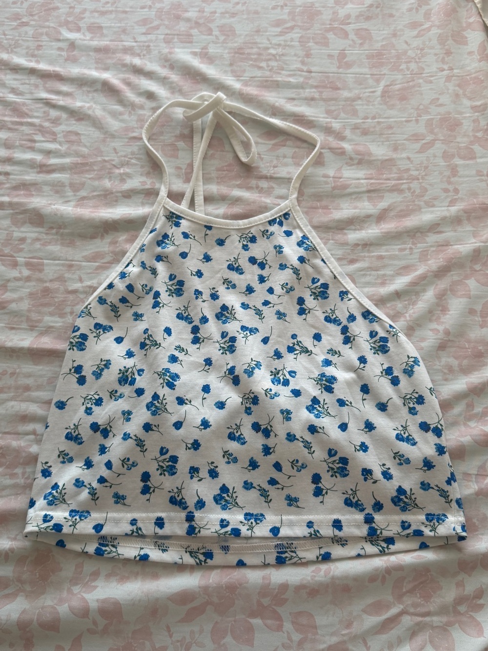 ROMWE White Halter Crop Top with Blue Floral Print